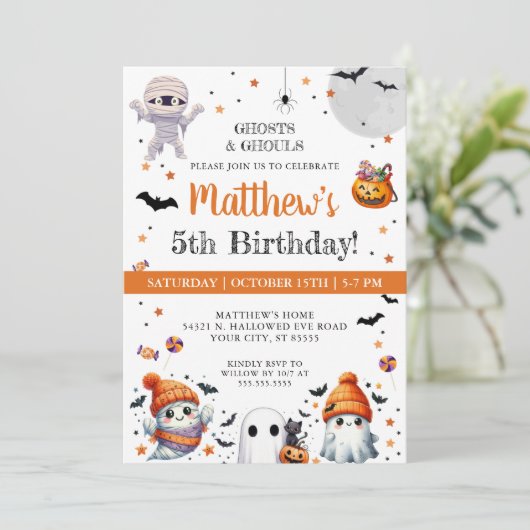 Schattigee Ghost Kinder Boys Halloween Verjaardags Kaart (Staand voorkant)