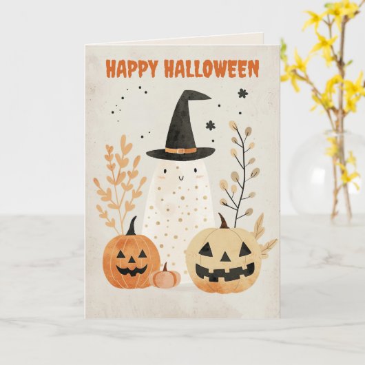 Schattigee Ghost met Jack—o-Lanterns Happy Hallowe Kaart (Gele Bloem)