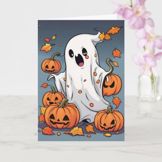 Schattigee Ghost met Pumpkins Halloween Kaart (Orchidee)