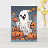 Schattigee Ghost met Pumpkins Halloween Kaart (Gele Bloem)