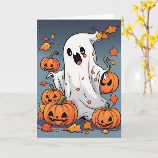 Schattigee Ghost met Pumpkins Halloween Kaart (Gele Bloem)