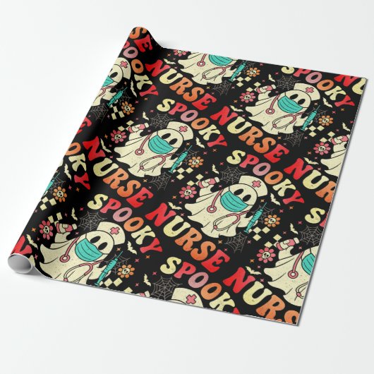 Schattigee Ghost Nurse Halloween Graphic Retro Pas Cadeaupapier (Uitgerold)