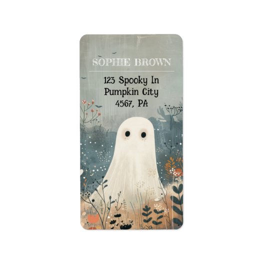 Schattigee Ghost onder Bloemen Halloween Adres Etiket (Voorkant)