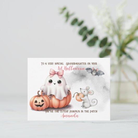 Schattigee Ghost Pumpkin Bat Halloween Briefkaart (Staand voorkant)