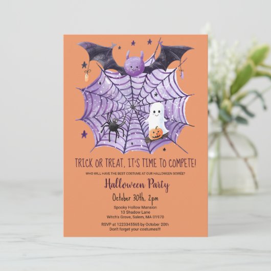 Schattigee Ghost Pumpkin Bat Spider Web Halloween  Kaart (Staand voorkant)