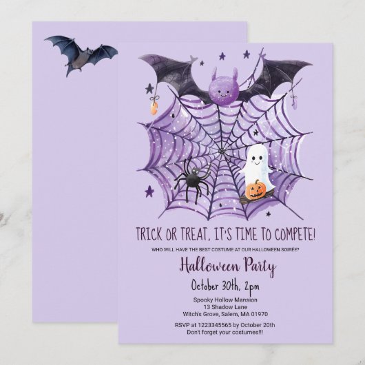 Schattigee Ghost Pumpkin Bat Spider Web Halloween Kaart (Voorkant / Achterkant)