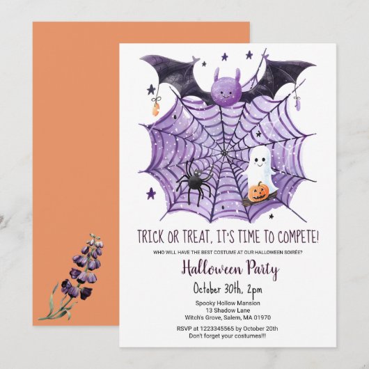 Schattigee Ghost Pumpkin Bat Spider Web Halloween Kaart (Voorkant / Achterkant)