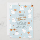 Schattigee Ghost & Pumpkin Blue Halloween Verjaard Kaart (Voorkant)