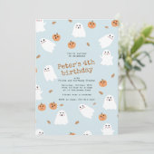Schattigee Ghost & Pumpkin Blue Halloween Verjaard Kaart (Staand voorkant)