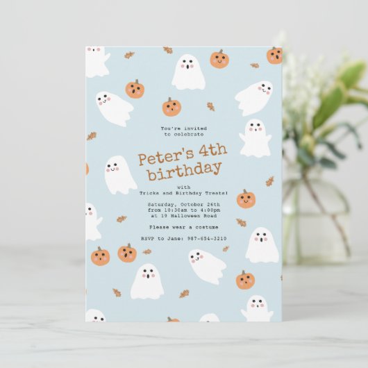 Schattigee Ghost & Pumpkin Blue Halloween Verjaard Kaart (Staand voorkant)