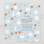 Schattigee Ghost & Pumpkin Blue Halloween Verjaard Kaart (Voorkant / Achterkant)