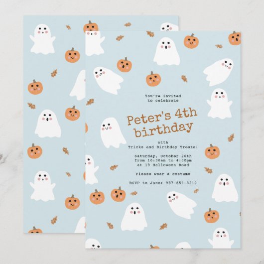 Schattigee Ghost & Pumpkin Blue Halloween Verjaard Kaart (Voorkant / Achterkant)