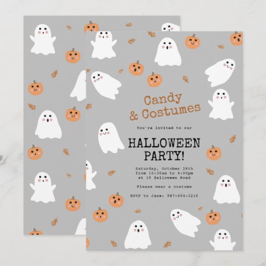 Schattigee Ghost & Pumpkin Grey Halloween Feest Kaart (Voorkant / Achterkant)