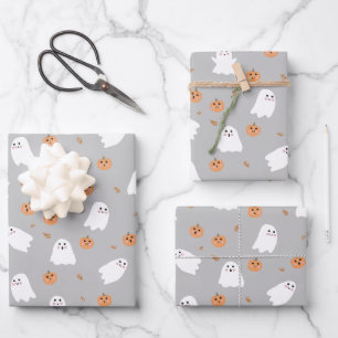 Schattigee Ghost & Pumpkin Grey Halloween Pattern Inpakpapier Vel