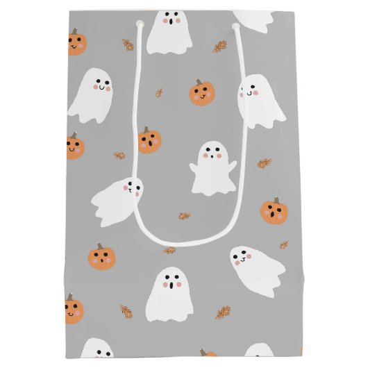 Schattigee Ghost & Pumpkin Grey Halloween Pattern Medium Cadeauzakje (Achterkant)