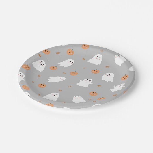 Schattigee Ghost & Pumpkin Grey Halloween Pattern Papieren Bordje (Gekanteld)