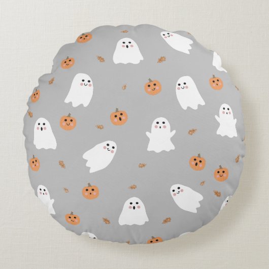 Schattigee Ghost & Pumpkin Grey Halloween Pattern Rond Kussen (Voorkant)