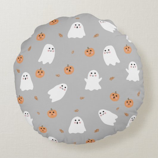 Schattigee Ghost & Pumpkin Grey Halloween Pattern Rond Kussen (Achterkant)