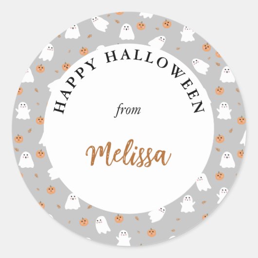 Schattigee Ghost & Pumpkin Grey Halloween Pattern Ronde Sticker (Voorkant)