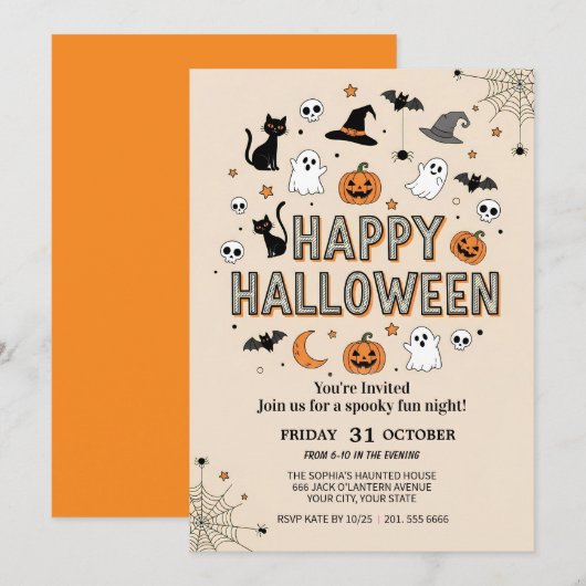 Schattigee Ghost & Pumpkin Halloween Party Kaart (Voorkant / Achterkant)