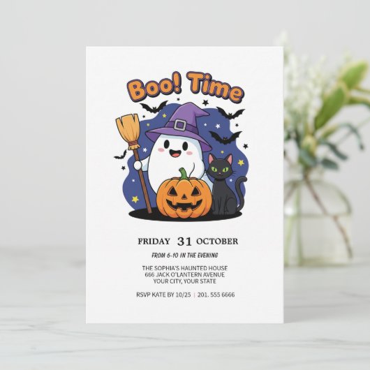 Schattigee Ghost & Pumpkin Halloween Party Uitnodi Kaart (Staand voorkant)