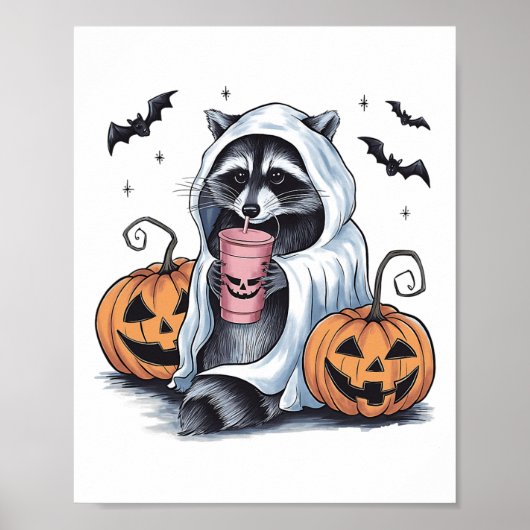 Schattigee Ghost Pumpkin Halloween Raccoon Kostuum Poster (Voorkant)