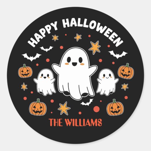 Schattigee Ghost & Pumpkin Halloween Ronde Sticker (Voorkant)