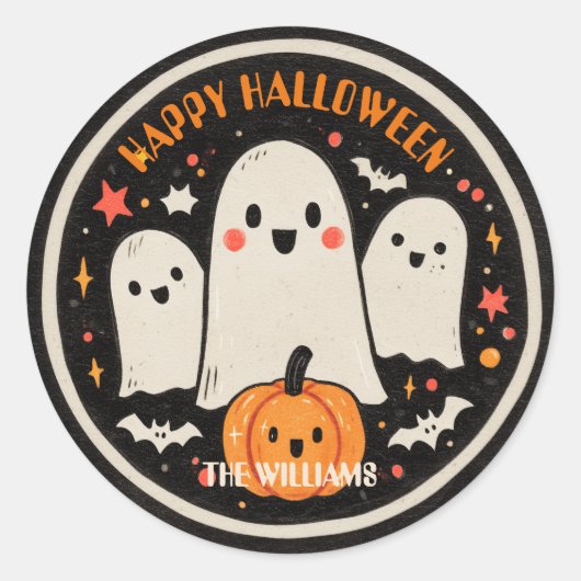 Schattigee Ghost & Pumpkin Halloween Ronde Sticker (Voorkant)