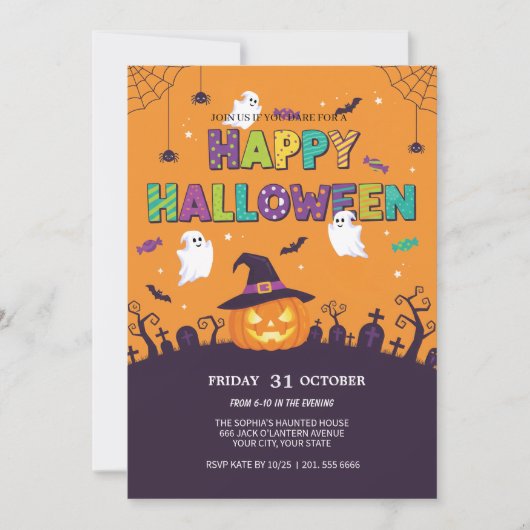 Schattigee Ghost & Pumpkin Halloween Uitnodiging (Voorkant)