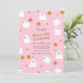 Schattigee Ghost & Pumpkin Pink Halloween Verjaard Kaart (Staand voorkant)