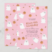 Schattigee Ghost & Pumpkin Pink Halloween Verjaard Kaart (Voorkant / Achterkant)