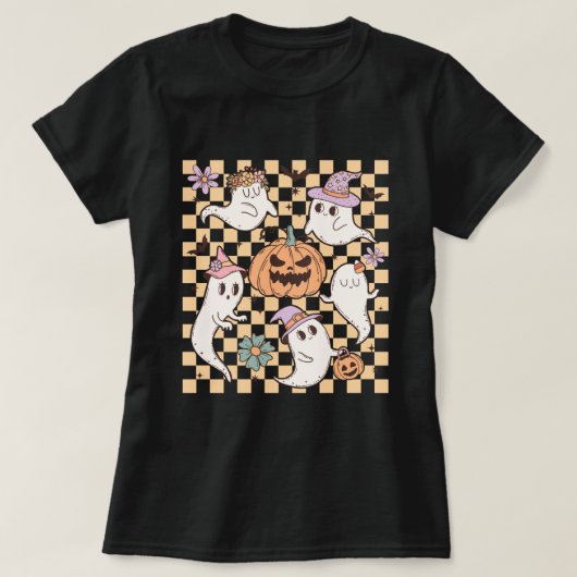 Schattigee Ghost Pumpkin Retro Halloween T-shirt (Design voorkant)