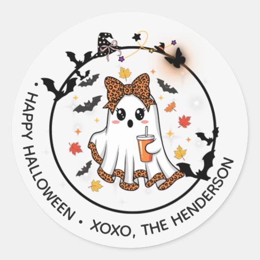 Schattigee Ghost Round Sticker - Halloween Bow & B (Voorkant)