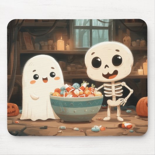 Schattigee Ghost & Skeleton met Snoepjes kom - Mou Muismat (Voorkant)