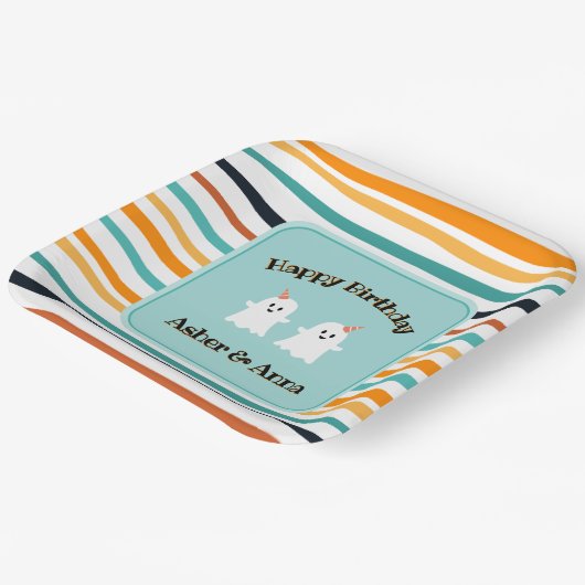 Schattigee Ghost Twins Halloween Stripe Happy Birt Papieren Bordje (Gebogen)