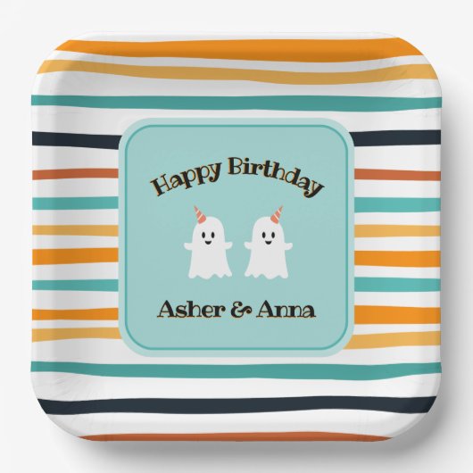 Schattigee Ghost Twins Halloween Stripe Happy Birt Papieren Bordje (Voorkant)