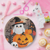 Schattigee Ghost Uilen & Pompoenen Spooky Hallowee Papieren Bordje (Feest)
