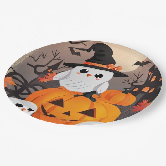 Schattigee Ghost Uilen & Pompoenen Spooky Hallowee Papieren Bordje (Gekanteld)