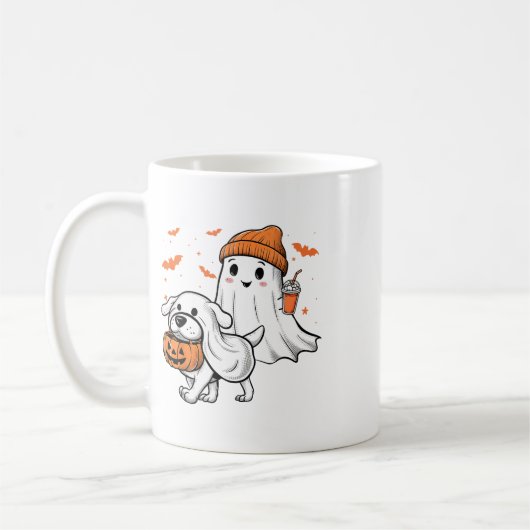 Schattigee Ghost Walking Dog Coquette Bow Hallowee Koffiemok (Links)