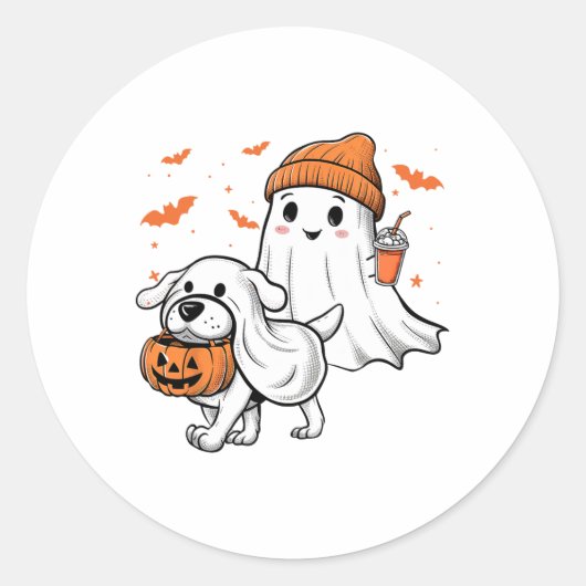 Schattigee Ghost Walking Dog Coquette Bow Hallowee Ronde Sticker (Voorkant)