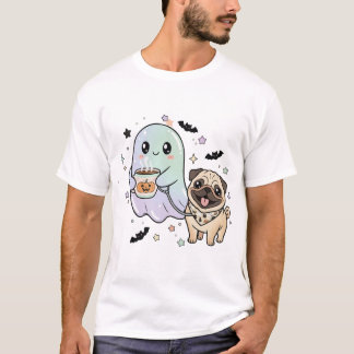 Schattigee Ghost Walking Dog Pug Coffee Halloween T-shirt