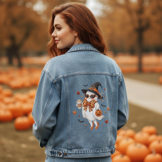 Schattigee Ghost Witch met Pumpkin Spice Latte Denim Jacket