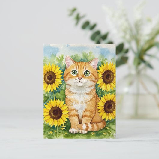 Schattigee Ginger Cat in Zonnebloemen Briefkaart (Staand voorkant)