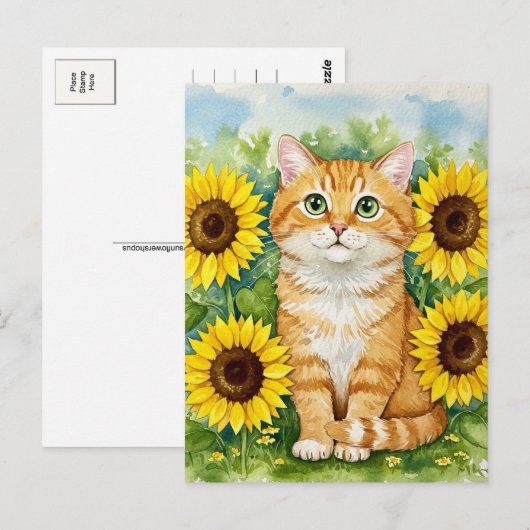 Schattigee Ginger Cat in Zonnebloemen Briefkaart (Voorkant / Achterkant)