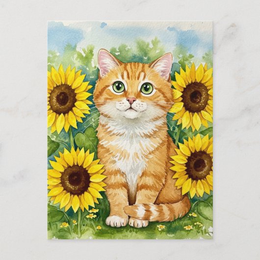 Schattigee Ginger Cat in Zonnebloemen Briefkaart (Voorkant)