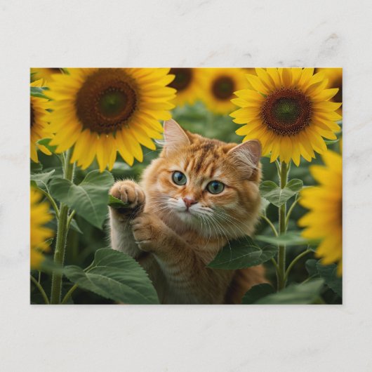 Schattigee Ginger Cat in Zonnebloemen Briefkaart (Voorkant)