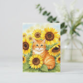 Schattigee Ginger Cat in Zonnebloemen Briefkaart (Staand voorkant)
