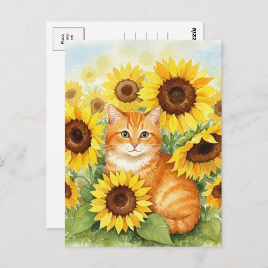 Schattigee Ginger Cat in Zonnebloemen Briefkaart (Voorkant / Achterkant)