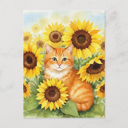 Schattigee Ginger Cat in Zonnebloemen Briefkaart (Voorkant)