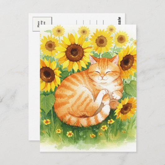 Schattigee Ginger Cat in Zonnebloemen Briefkaart (Voorkant / Achterkant)